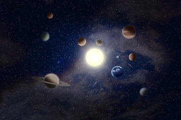 The nine planets of the solar system revolve around the sun. Space astronomical background with comets and stars. Element of this image Earth provided by NASA.