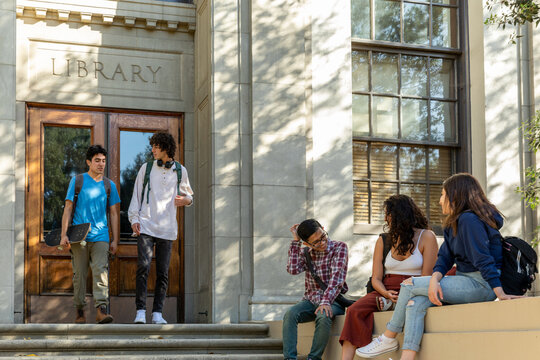 A Group of Students Socialize Outside of Library