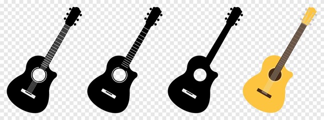 Guitar icon set. black Acoustic guitar isolated on transparent background, vector illustration - obrazy, fototapety, plakaty