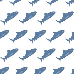Sea animal seamless pattern with shark. Undersea world habitants print. Hand drawn underwater life vector illustration. Funny cartoon marine animals character for kid fabric, textile.