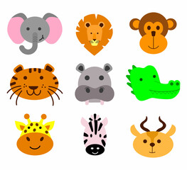 African animals heads Icons in Flat style