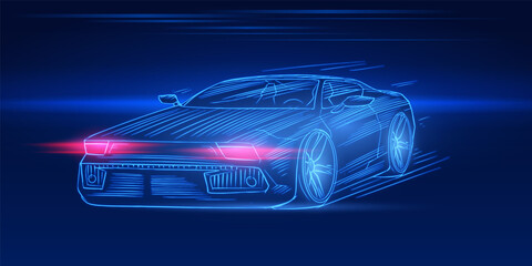 Obraz na płótnie Canvas Futuristic sport car. Neon concept. Glowing electric virtual control. Traffic on a road. Minimalistic Background for interface or logo, banner. Vector illustration. Side view.