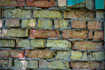 Old cracked brown brick wall textured background
