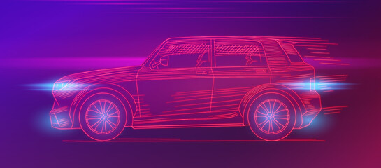 Fototapeta na wymiar Futuristic sport car. Neon concept. Glowing electric virtual control. Traffic on a road. Minimalistic Background for interface or logo, banner. Vector illustration. Side view.