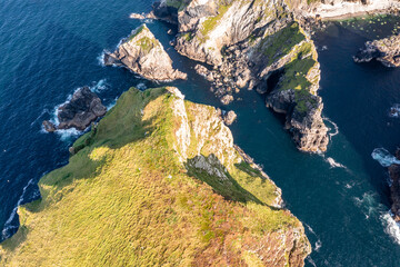 Aerial view of Tormore Island the hidden stack and Cobblers tower by Port between Ardara and Glencolumbkille in County Donegal
