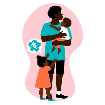 The Black Father Of The Todler Twins Is Worried About The Jealousy Of The Children. The Relationship Of Brother And Sister. Family Care. Childhood Lifestyle Concept. Vector Isolated Illustration. 