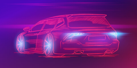 Plakat Futuristic sport car. Neon concept. Glowing electric virtual control. Traffic on a road. Minimalistic Background for interface or logo, banner. Vector illustration. Side view.
