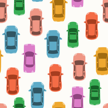 Vector seamless pattern with top view cars. Flatley of passenger vehicles.