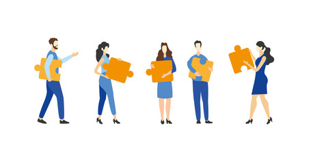 Teamwork, cooperation and partnership. Group of young and stylish people holding yellow puzzle pieces on their hand. Business team and diversity concept. Vector illustration