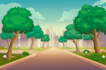 Illustration of city park in summer vector background. Park with lawn and green trees. Walkway with bushes and lanterns cartoon design. Place for family rest.
