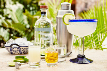 Margarita cocktail and ingredients at Mexican resort