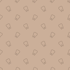 Seamless pattern with the image of molars. Simple linear silhouette of a tooth. Light brown background. Vector.