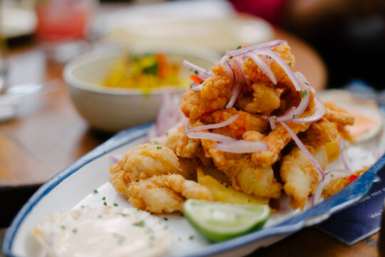 fried seafood on a dinner table