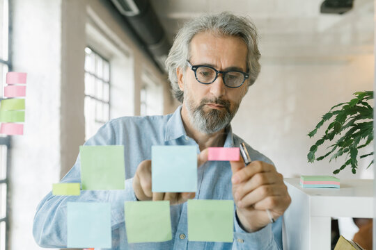 Man writing notes on a stickers on a glass wall
