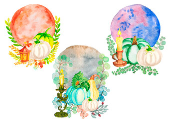 Autumn pumpkin  watercolor illustration,planets, moon, candle,Party Illustration isolated on white pumpkins  frame, head jack lanterns, Holiday concept  Watercolor hand drawn illustration, isolated .