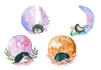 Cute animal illustration, animal clipart, baby shower decoration, watercolor illustration. sleeping on the moon .can be used for cards, invitations, baby shower, posters with white isolated background