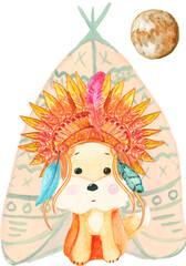 Watercolor Cute baby fox,  Indian motifs.animal nursery rabbit and bear isolated illustration for children. Set with cute cartoon giraffe, zebra, elephant and lion; watercolor hand draw illustration.