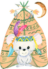 Watercolor Cute baby fox,  Indian motifs.animal nursery rabbit and bear isolated illustration for children. Set with cute cartoon giraffe, zebra, elephant and lion; watercolor hand draw illustration.