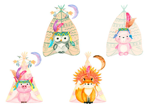 Watercolor Cute baby fox,  Indian motifs.animal nursery rabbit and bear isolated illustration for children. Set with cute cartoon giraffe, zebra, elephant and lion; watercolor hand draw illustration.