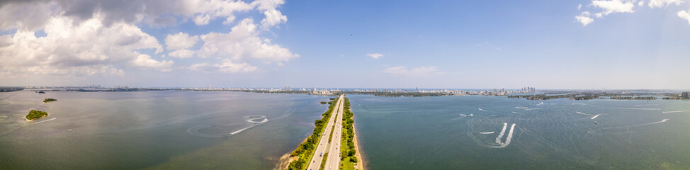 Fototapeta na wymiar Aerial panoramic photo Julia Tuttle Causeway Bridge Miami Florida over Biscayne Bay