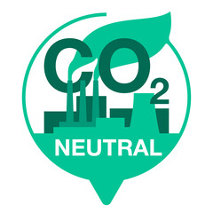 CO2 neutral sticker in pin form with factory - obrazy, fototapety, plakaty