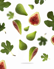 Fresh ripe whole and cut green Figs with leaves on white isolated background. Flying in air fresh ripe 