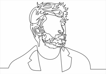 Continuous one line drawing of man hipster portrait. Hairstyle of a beard mustache bangs. Fashionable men's style.