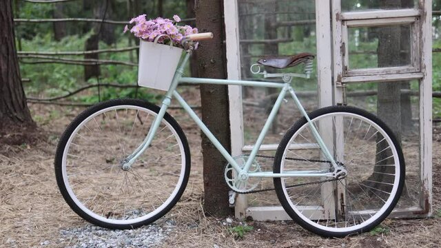 retro bike with a leather seat. family vacation. A white-painted bicycle with baskets of flowers and green leaves is standing in the forest
