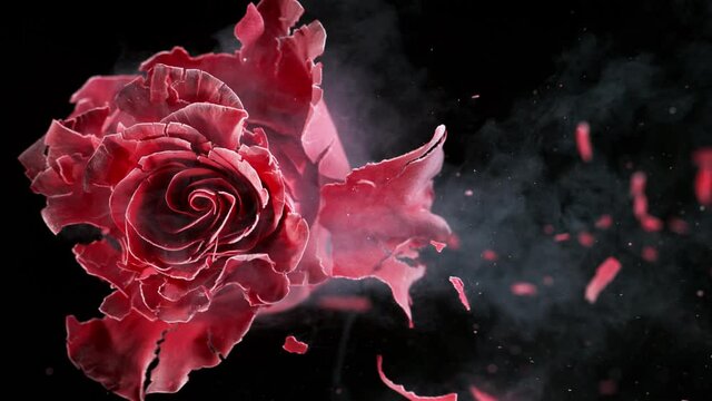 Super slow motion of exploding head of red rose, frozen by liquid nitrogen. Beautiful flower abstract shot. Filmed on high speed cinema camera, 1000fps.
