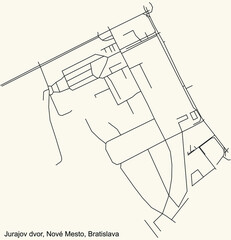 Detailed navigation urban street roads map on vintage beige background of the Bratislavan quarter Jurajov dvor locality inside Nové Mesto borough of the Slovakian capital city of Bratislava, Slovakia