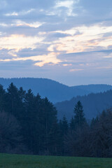 Fototapeta na wymiar Green Eifel landscape photographed on a gray January day.