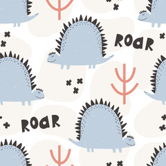 Cute dinosaur pattern - hand drawn childish dinosaur seamless pattern design.  Digital paper Vector illustration
