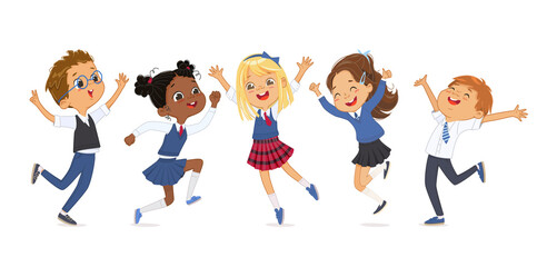 Group diverse elementary classmates in school uniform jumping surrounded by flying notebooks and books. Adorable school boys and girls have fun together horizontal banner isolated