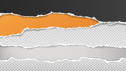 Torn, ripped orange and black paper strips with soft shadow are on grey background for text. Vector illustration