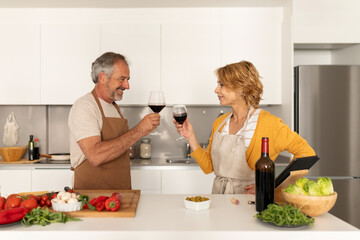 Senior couple cooking and toasting with wine together 
