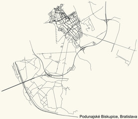Detailed navigation urban street roads map on vintage beige background of the Bratislavan quarter Podunajské Biskupice borough of the Slovakian capital city of Bratislava, Slovakia