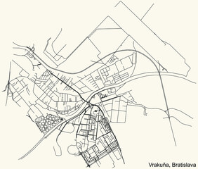 Detailed navigation urban street roads map on vintage beige background of the Bratislavan quarter Vrakuňa borough of the Slovakian capital city of Bratislava, Slovakia