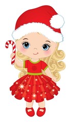 Cute Little Girl Wearing Santa Claus Hat Holding Candy Stick. Vector Cute Christmas Girl with Candy Stick