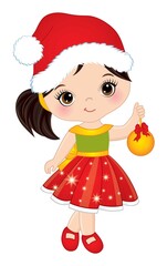 Cute Little Girl Wearing Santa Claus Hat Holding Golden Xmas Tree Bauble. Vector Christmas Cute Girl with Bauble
