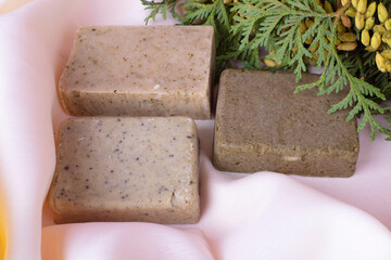 Handmade soap on the table on a tablecloth. Crafts soap 