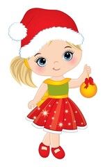 Cute Little Girl Wearing Santa Claus Hat Holding Golden Xmas Tree Bauble. Vector Christmas Cute Girl with Bauble