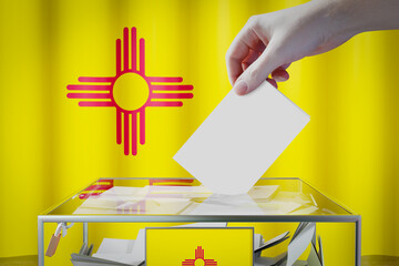 New Mexico flag, hand dropping ballot card into a box - voting, election concept - 3D illustration