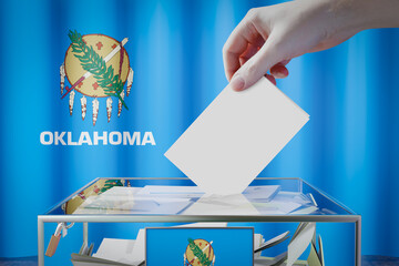 Oklahoma flag, hand dropping ballot card into a box - voting, election concept - 3D illustration - obrazy, fototapety, plakaty