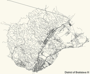 Fototapeta premium Detailed navigation urban street roads map on vintage beige background of the Bratislavan quarter Bratislava III district of the Slovakian capital city of Bratislava, Slovakia