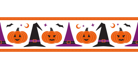 Halloween scary pumpkin seamless vector border. Cute pumpkins, witch hats cartoon design element. Halloween pattern frame. October spooky holiday decorative ribbon, celebration invitation background