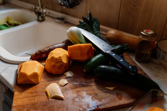 Still life of veggies on top of counter on kitchen