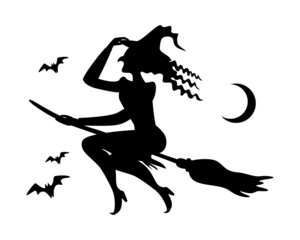 Silhouette witch flying on broomstick with bat, moon isolated on white background.  Vector outline flat illustration. Design for Halloween party, celebration, web page, greeting card