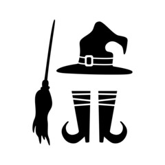 Hand drawn witchset of hat, legs, boots for Halloween isolated on white background. Vector outline flat illustration. Design for party, celebration, web page, greeting card