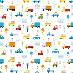 Fototapeta premium Cute seamless vector pattern with cars, trucks and buses. Funny illustration for kids with repeated ornament of city transport on winter white background