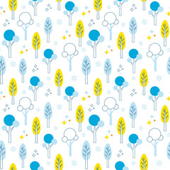 Winter pattern with silhouettes of snowy trees, stars and snowflakes. Festive seamless vector print for baby textiles or wrapping paper